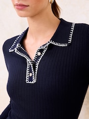 Lipsy Navy Blue Whipstitch Collared Buttoned Polo Knit Long Sleeve Top - Image 3 of 4