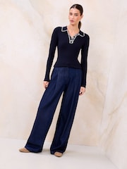 Lipsy Navy Blue Whipstitch Collared Buttoned Polo Knit Long Sleeve Top - Image 4 of 4