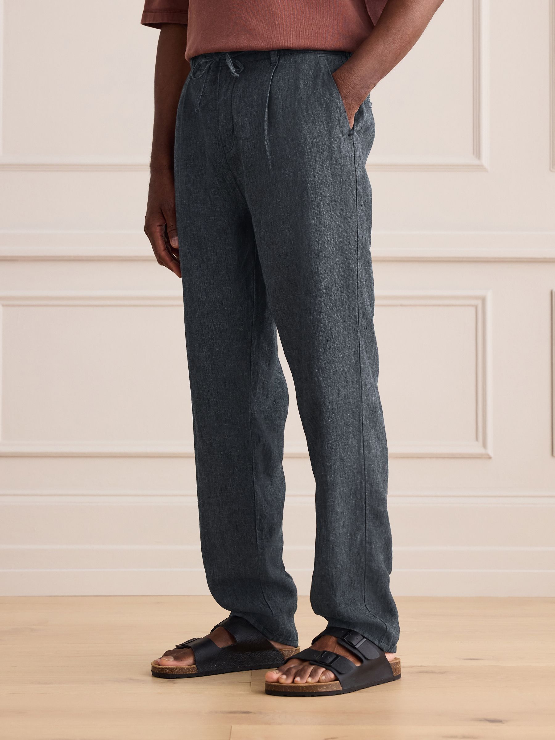 Buy Charcoal Grey Regular Tapered Fit Signature 100% Linen Pleated