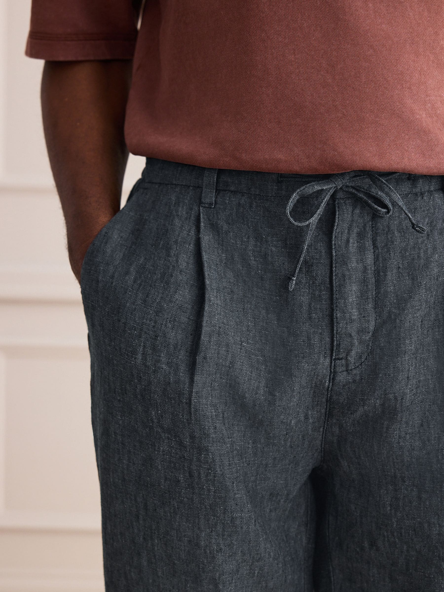 Buy Charcoal Grey Regular Tapered Fit Signature 100% Linen Pleated
