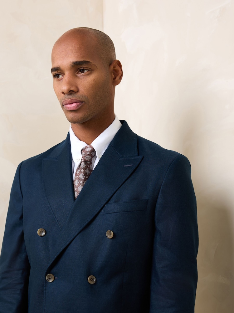 Navy Blue Regular Fit N. Premium Linen Blend Double Breasted Blazer with Stretch and Tencel Lyocell - Image 1 of 7 Navy Blue Regular Fit N. Premium Linen Blend Double Breasted Blazer with Stretch and Tencel Lyocell - Image 1 of 7