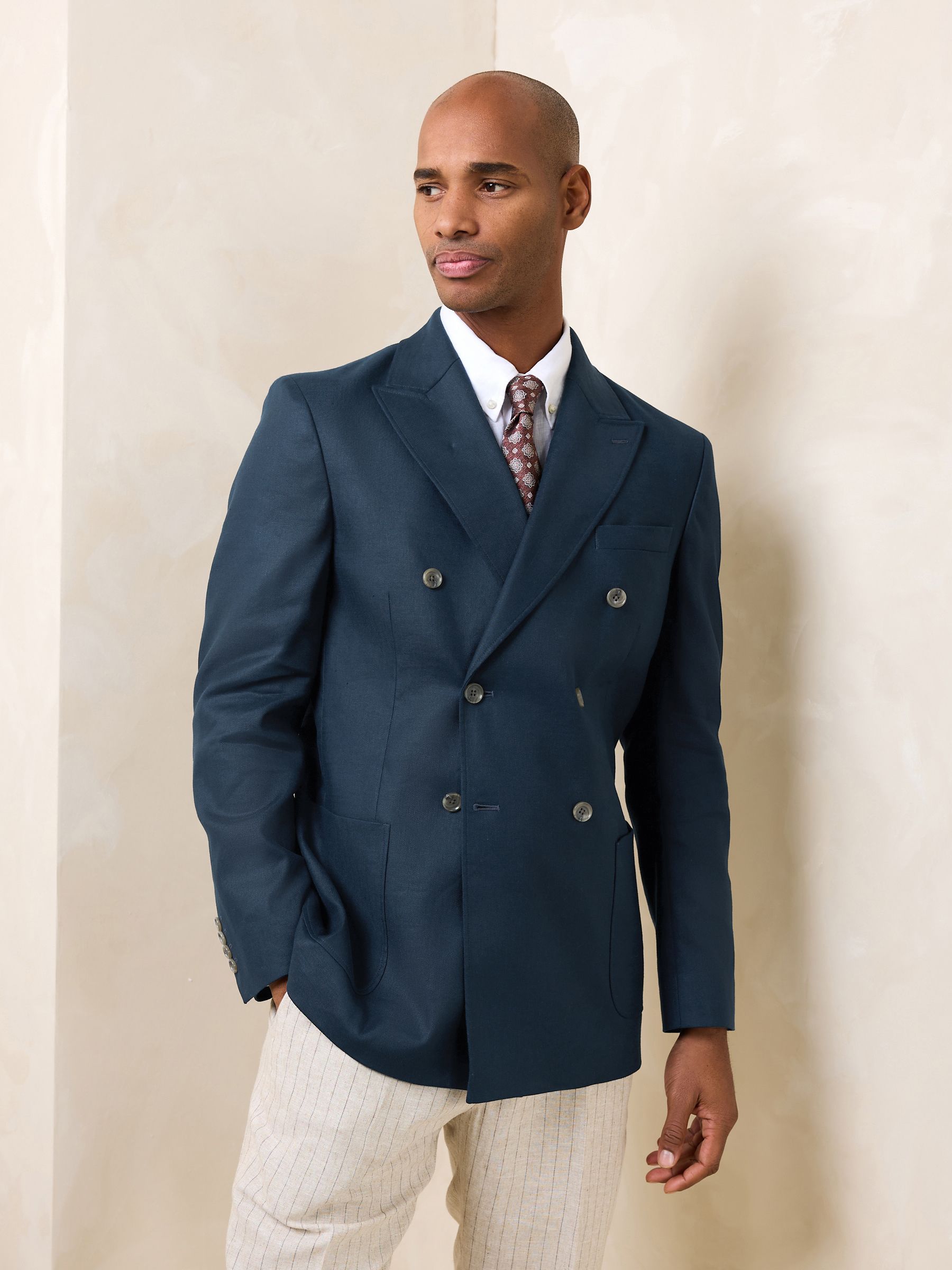 Buy Navy Blue Regular Fit N. Premium Linen Blend Double Breasted