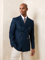 Navy Blue Regular Fit N. Premium Linen Blend Double Breasted Blazer with Stretch and Tencel Lyocell - Image 2 of 7