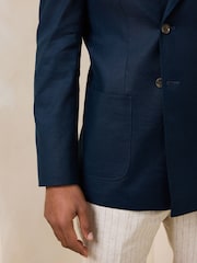 Navy Blue Regular Fit N. Premium Linen Blend Double Breasted Blazer with Stretch and Tencel Lyocell - Image 7 of 7