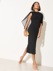Friends Like These Black Petite Asymmetric Chiffon Cape Scuba Midi Dress - Image 1 of 5