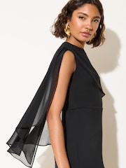 Friends Like These Black Petite Asymmetric Chiffon Cape Scuba Midi Dress - Image 2 of 5