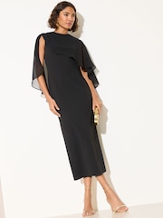 Friends Like These Black Petite Asymmetric Chiffon Cape Scuba Midi Dress - Image 3 of 5