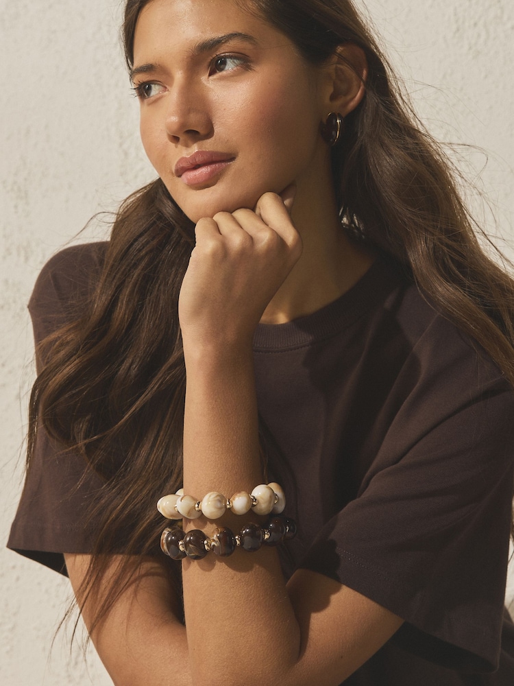 Brown/Cream Bead Stretch Bracelets 2 Pack - Image 1 of 5