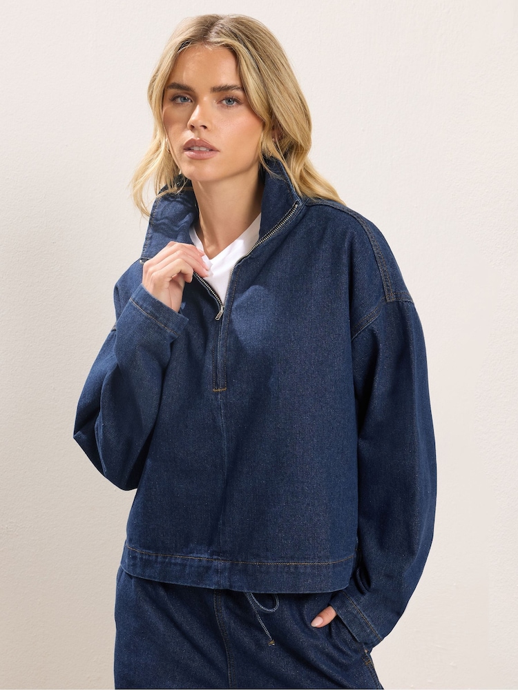 PixieGirl Petite Quarter Zip Denim Top - Bild 1 von 5