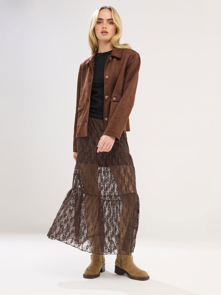 PixieGirl Petite Brown Lined Lace Maxi Skirt - Image 1 of 5 PixieGirl Petite Brown Lined Lace Maxi Skirt - Image 1 of 5