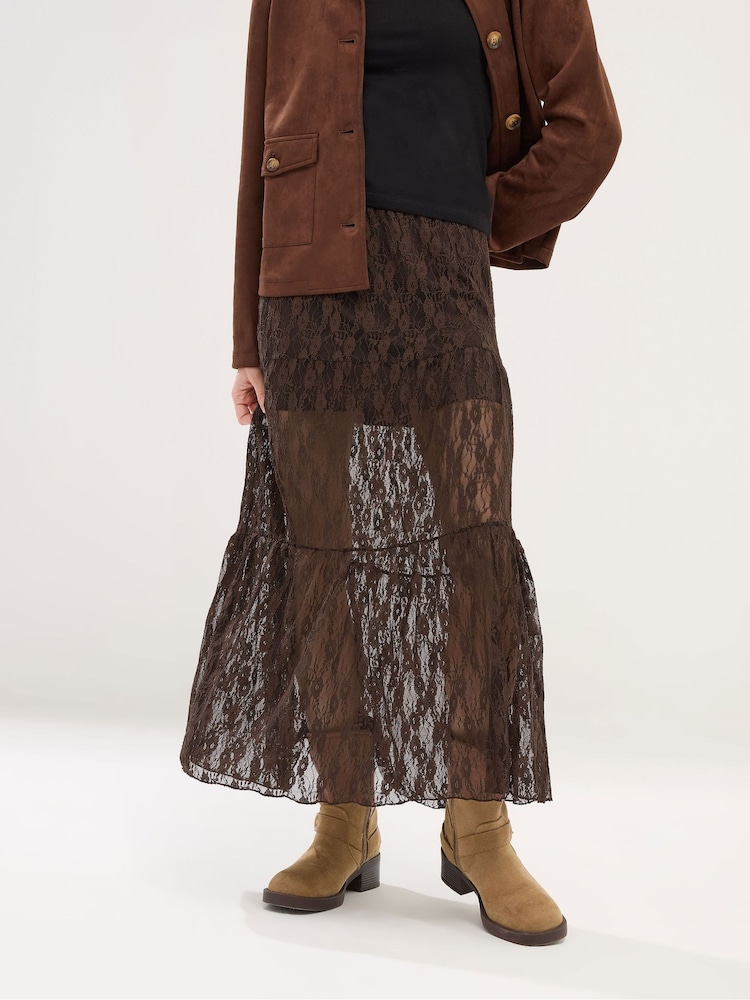 PixieGirl Petite Brown Lined Lace Maxi Skirt - Image 2 of 5 PixieGirl Petite Brown Lined Lace Maxi Skirt - Image 2 of 5