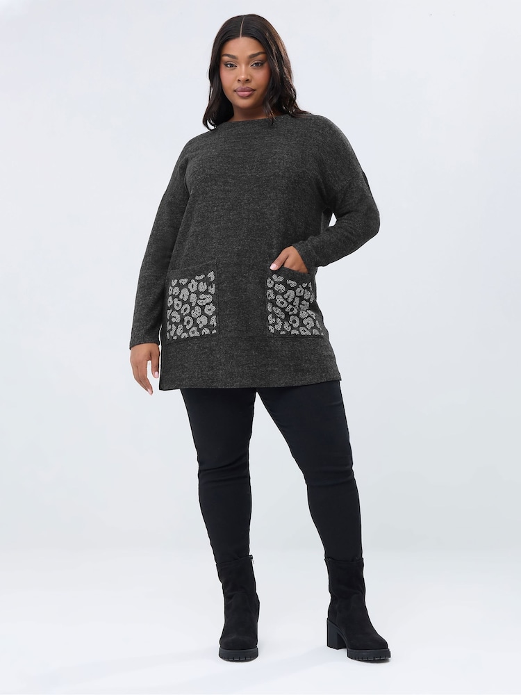 Yours Curve Grey Heat Seal Leopard Pocket Jumper - Image 2 of 5 Yours Curve Grey Heat Seal Leopard Pocket Jumper - Image 2 of 5