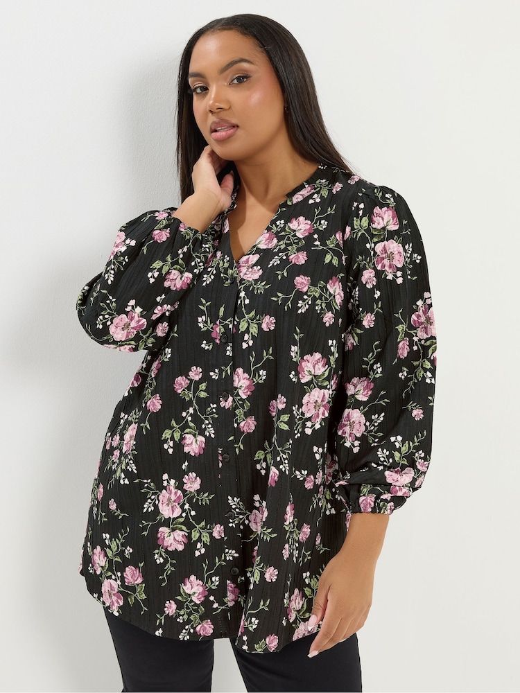 Yours Curve Black Textured Notchneck Blouse - Image 1 of 5 Yours Curve Black Textured Notchneck Blouse - Image 1 of 5