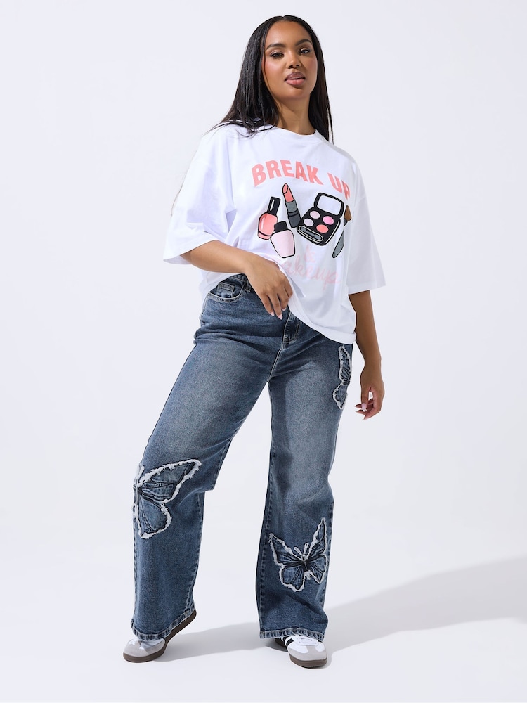 Yours Curve Blue Limited Butterfly Embroidery Jeans - Image 2 of 5