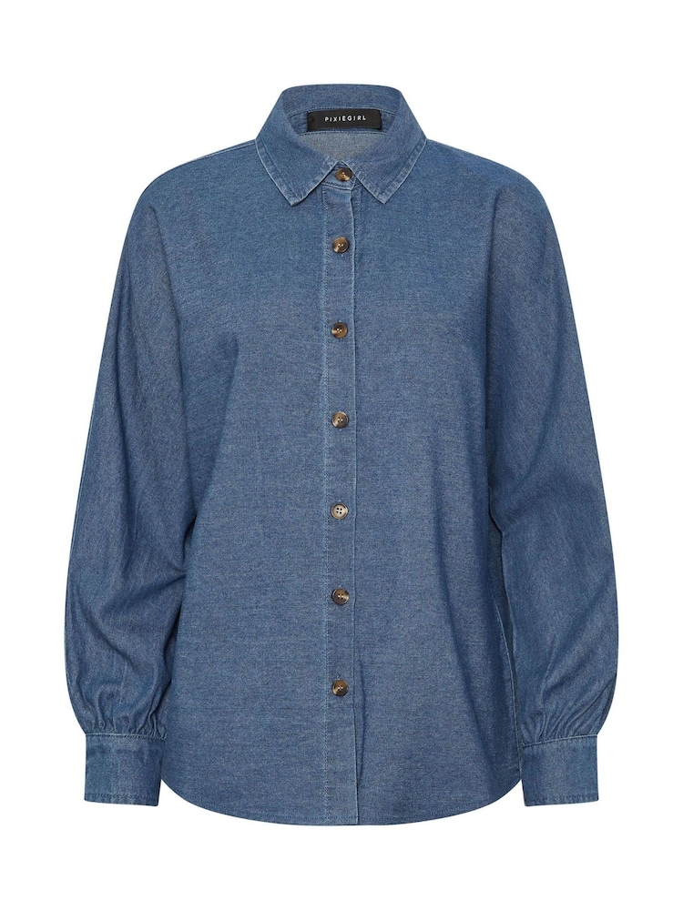 PixieGirl Petite Blue Oversized Denim Shirt - Image 6 of 6