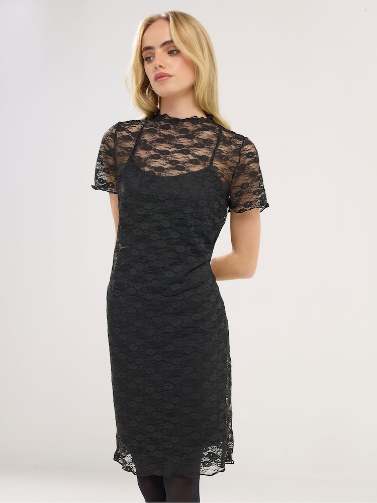 PixieGirl Petite Black Lace Short Sleeve Dress - Image 1 of 5 PixieGirl Petite Black Lace Short Sleeve Dress - Image 1 of 5