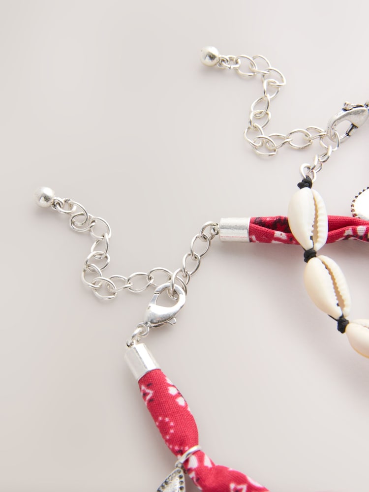 Red/Silver Tone Bandana Print Fabric Charm Anklets 2 Pack - Image 2 of 3 Red/Silver Tone Bandana Print Fabric Charm Anklets 2 Pack - Image 2 of 3