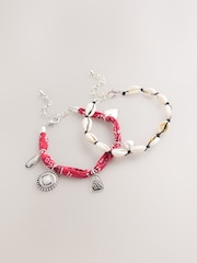 Red/Silver Tone Bandana Print Fabric Charm Anklets 2 Pack - Image 6 of 8