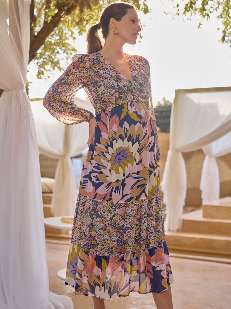 Seraphine Boho Floral Print Maternity & Nursing Midi Wrap Dress - Imaginea 2 din 5