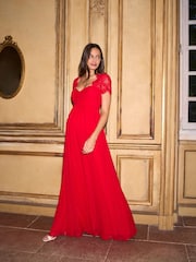 Seraphine Scarlett Red Maternity Lace Sleeve Silk Gown - Image 2 of 7