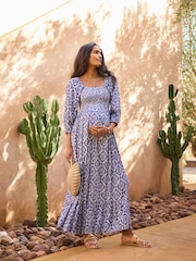 Seraphine Blue Crepe Shirred Bodice Maternity Maxi Dress - Image 2 of 5