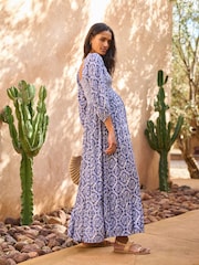 Seraphine Blue Crepe Shirred Bodice Maternity Maxi Dress - Image 4 of 5