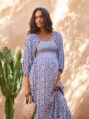 Seraphine Blue Crepe Shirred Bodice Maternity Maxi Dress - Image 5 of 5