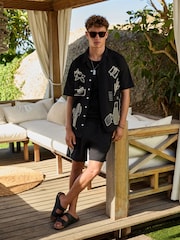 ブラック - Embroidered Drawstring Waist Shorts - 画像 4 / 9