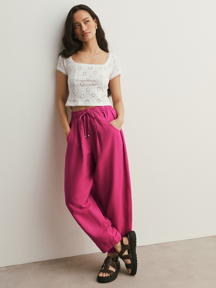 Fuchsia Pink Barrel Leg Linen Cotton Blend Trousers - Image 1 of 8