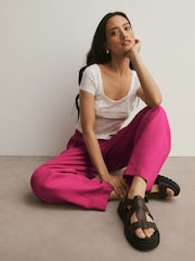 Fuchsia Pink Barrel Leg Linen Cotton Blend Trousers - Image 3 of 8