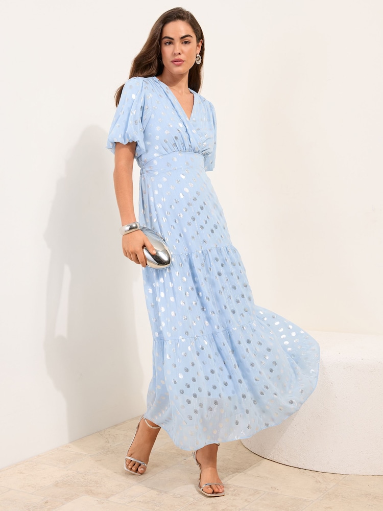 Friends Like These Pale Blue Petite Polka Dot Metallic Short Sleeve Midi Dress - Image 1 of 4