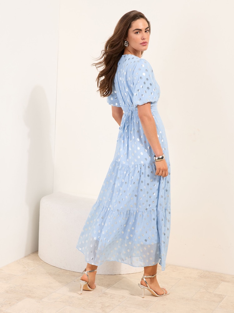 Friends Like These Pale Blue Petite Polka Dot Metallic Short Sleeve Midi Dress - Image 4 of 4