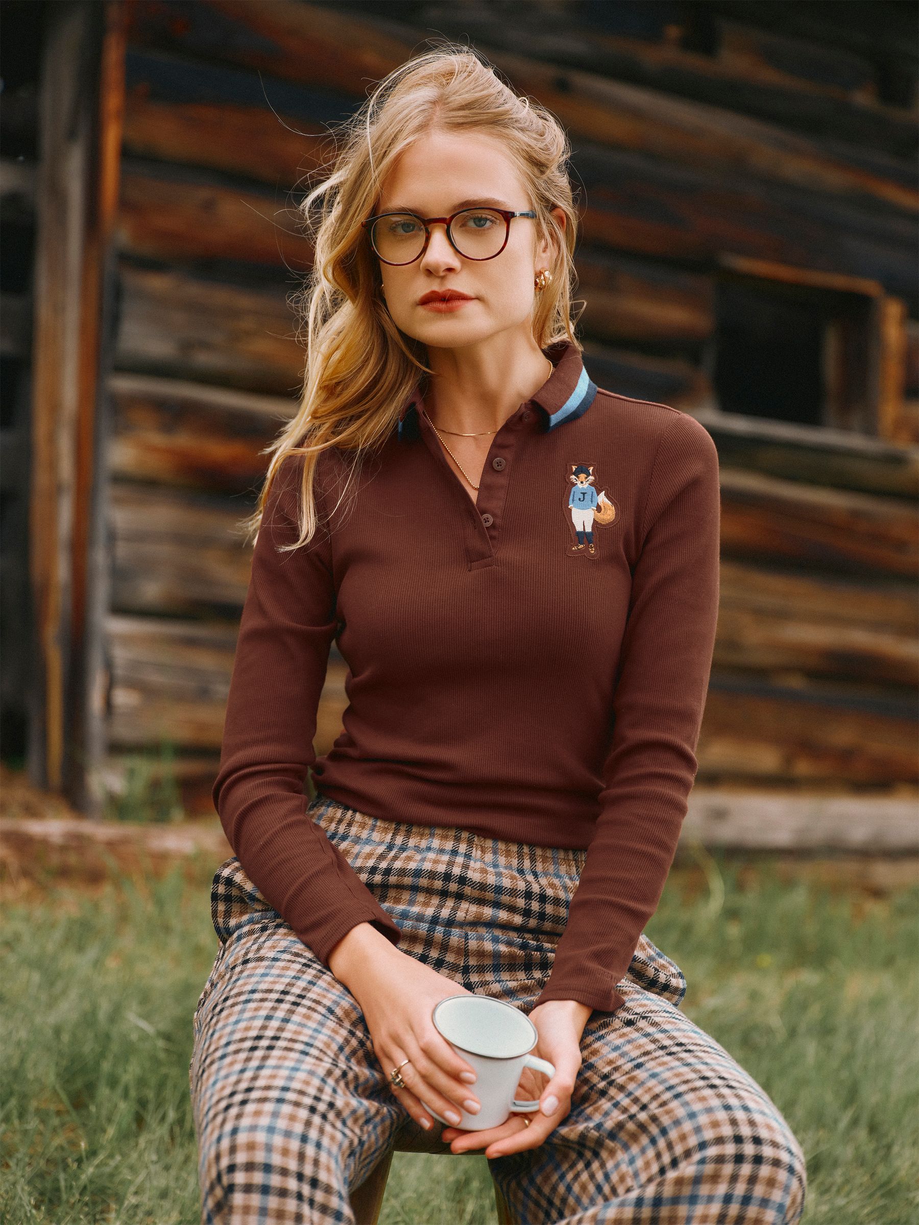 Joules Women's Ribbed Cotton Blend Polo Top with Button Placket, Brown, Size 16, Women - Image 2