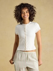 Joules Lila Cream Short Sleeve Ribbed Button Front Jersey Top - Image 1 of 7