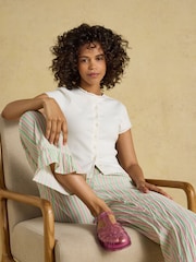Joules Lila Cream Short Sleeve Ribbed Button Front Jersey Top - Image 3 of 7