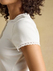 Joules Lila Cream Short Sleeve Ribbed Button Front Jersey Top - Image 4 of 7