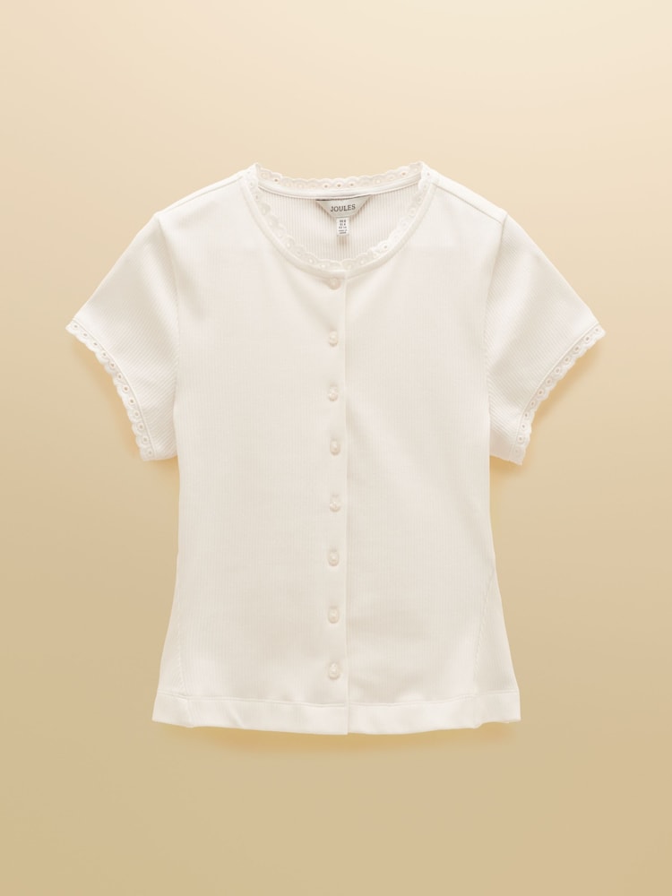 Joules Lila Cream Short Sleeve Ribbed Button Front Jersey Top - Image 7 of 7