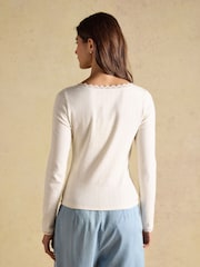 Joules Romy Cream Long Sleeve V Neck Pointelle Jersey Top - Image 2 of 6