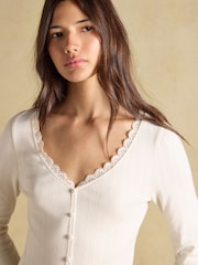 Joules Romy Cream Long Sleeve V Neck Pointelle Jersey Top - Image 5 of 6