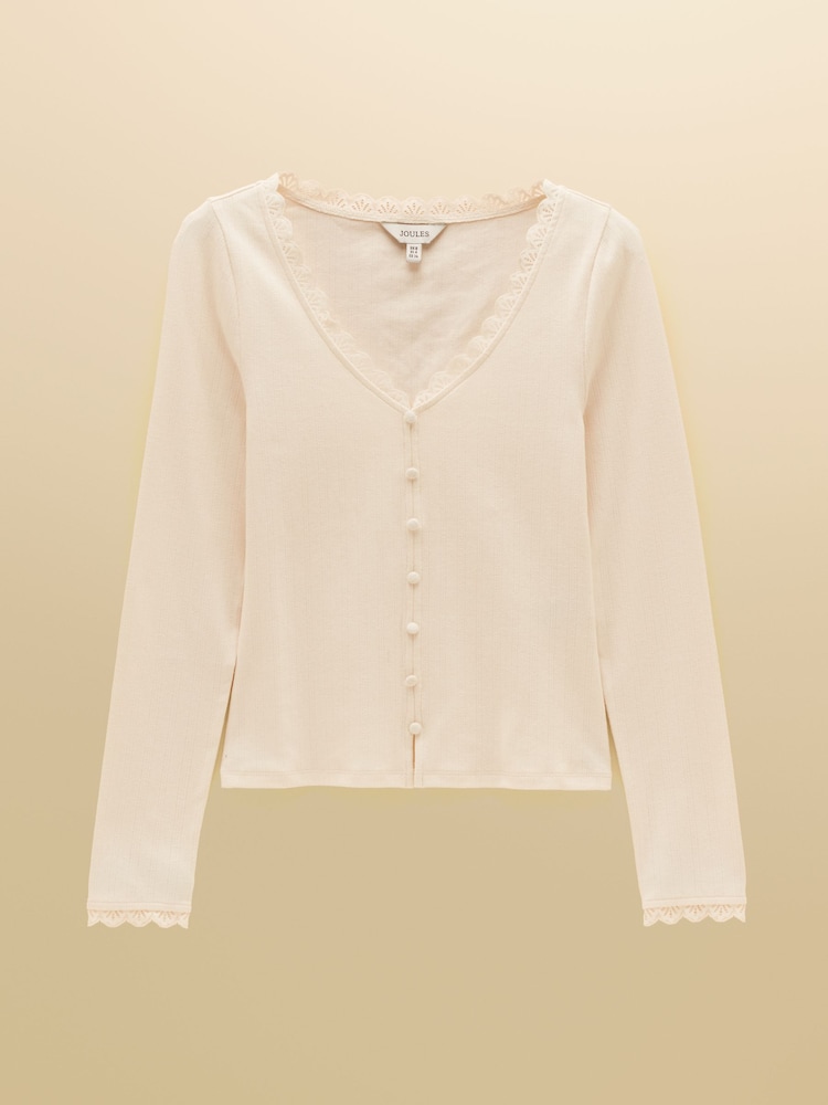 Joules Romy Cream Long Sleeve V Neck Pointelle Jersey Top - Image 6 of 6