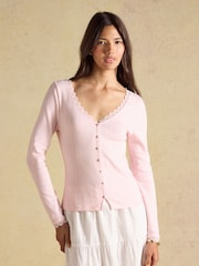 Joules Romy Pink Long Sleeve V Neck Pointelle Jersey Top - Image 1 of 6
