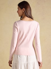 Joules Romy Pink Long Sleeve V Neck Pointelle Jersey Top - Image 2 of 6