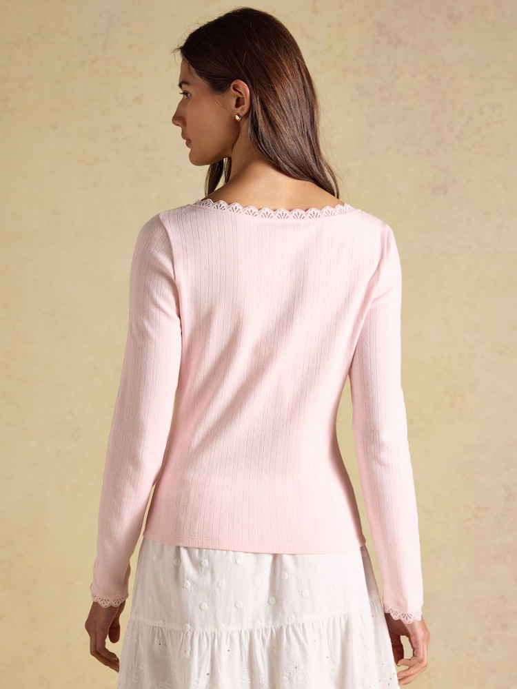 Joules Romy Pink Long Sleeve V Neck Pointelle Jersey Top - Image 2 of 6