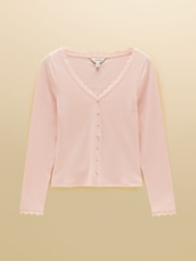 Joules Romy Pink Long Sleeve V Neck Pointelle Jersey Top - Image 6 of 6