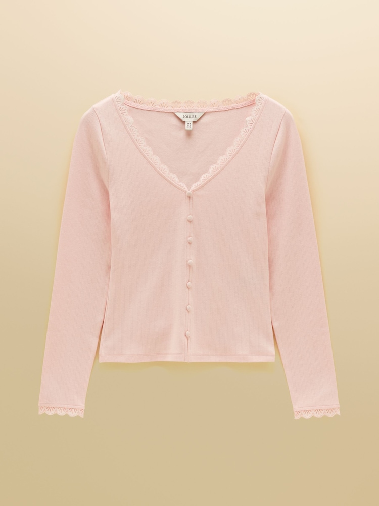 Joules Romy Pink Long Sleeve V Neck Pointelle Jersey Top - Image 6 of 6