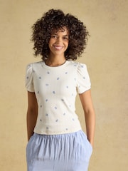 Joules Nina Cream/Blue Ditsy Short Puff Sleeve Pointelle Top - Image 1 of 7