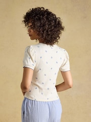 Joules Nina Cream/Blue Ditsy Short Puff Sleeve Pointelle Top - Image 2 of 7