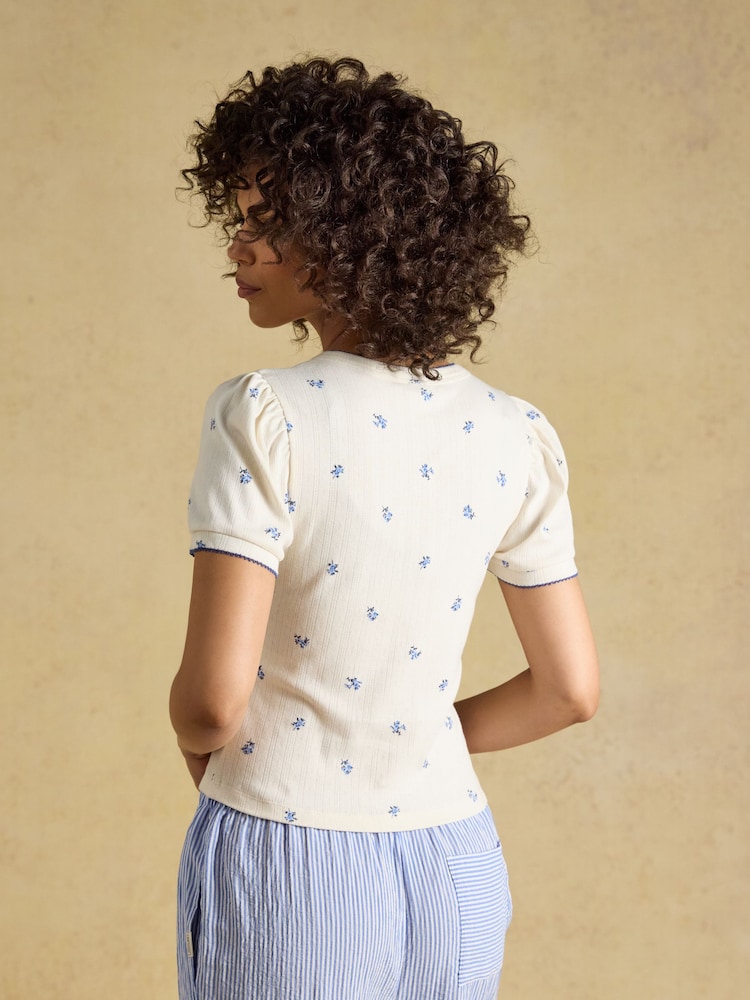 Joules Nina Cream/Blue Ditsy Short Puff Sleeve Pointelle Top - Image 2 of 7