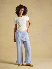 Joules Nina Cream/Blue Ditsy Short Puff Sleeve Pointelle Top - Image 3 of 7