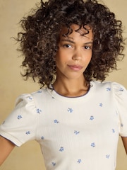 Joules Nina Cream/Blue Ditsy Short Puff Sleeve Pointelle Top - Image 4 of 7